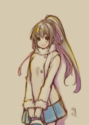 Rule 34 | 1girl, breasts, brown eyes, brown hair, closed mouth, gloves, hair ribbon, long hair, looking at viewer, misono mitama, ponytail, ribbon, saionji reimi, signature, simple background, skirt, smile, solo, star ocean, star ocean the last hope, winter clothes