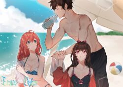 1boy 2girls asagiri_ririko beach beach_umbrella bikini black_eyes black_hair blue_eyes bottle doumeguri_kakeru duplicate ecstas_online long_hair multiple_girls purple_eyes red_hair shizukuishi_non source_mismatch summer swimsuit umbrella water water_bottle