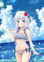 Rule 34 | 1girl, :3, bare arms, bare shoulders, blue eyes, blue hair, blue sky, blush, breasts, collarbone, fins, fish tail, flower, gawr gura, hair flower, hair ornament, hololive, hololive english, looking at viewer, m ko (maxft2), medium hair, multicolored hair, navel, shark girl, shark hair ornament, shark tail, sky, small breasts, solo, streaked hair, swimsuit, tail, thighs, virtual youtuber, water