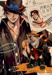 1boy black_coat black_footwear black_hat boots coat collared_coat fire freckles hashtag-only_commentary hat highres looking_at_viewer male_focus multiple_views one_piece portgas_d._ace rihirihi613 scarf smile squatting tongue tongue_out twitter_username