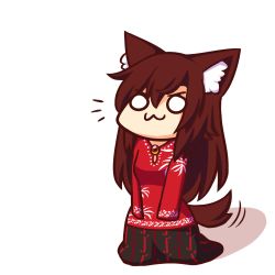 Rule 34 | :3, ^^^, animal ear fluff, animal ears, breasts, brooch, brown hair, chibi, commentary request, full body, hair between eyes, imaizumi kagerou, jewelry, long hair, long sleeves, malay commentary, medium breasts, o o, partial commentary, red shirt, shadow, shirt, simple background, sleeves past fingers, sleeves past wrists, solo, standing, tail, tail wagging, touhou, v-shaped eyebrows, very long hair, white background, wolf ears, wolf tail, wool (miwol)