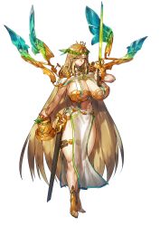 Rule 34 | 1girl, bell, blonde hair, boots, breasts, cleavage, closed mouth, feet, female focus, full body, game cg, green eyes, hair ornament, hand up, highres, holding, holding sword, holding weapon, huge breasts, legs together, long hair, looking at viewer, maou to shugo kishi, mechanical wings, melon22, navel, original, pelvic curtain, pointy ears, sash, serious, shrug (clothing), solo, standing, sword, thick thighs, thighs, tiara, transparent background, very long hair, weapon, wings