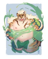 Rule 34 | 1boy, animal ears, bara, bare pectorals, belly, blue eyes, bulge, fat, fat man, fingernails, furry, furry male, highres, hombre tigre (housamo), large pectorals, male focus, merdekyle, muscular, muscular male, navel, nipples, orange fur, pectorals, sharp fingernails, short hair, shorts, slime (substance), solo, stomach, thick eyebrows, thick thighs, thighs, tiger boy, tiger ears, tiger stripes, tokyo houkago summoners, torn clothes, torn shorts, white hair, wrestling outfit