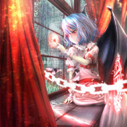 Rule 34 | 1girl, angel, animal print, arm ribbon, ascot, bat wings, bird, blue hair, blurry, brooch, butterfly print, candlelight, chain, collar, curtains, depth of field, dress, expressionless, floral print, frilled collar, frilled shirt collar, frills, glass writing, glowing, grass, highres, indoors, jewelry, light particles, magic circle, mystia lorelei, mystia lorelei (bird), no headwear, no headwear, pink dress, pops, power lines, rain, red eyes, reflection, reflective floor, remilia scarlet, ribbon, short hair, short sleeves, sitting, solo, sparrow, touhou, window, wings, wrist cuffs