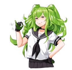 Rule 34 | absurdres, black choker, black neckerchief, black skirt, choker, closed mouth, collarbone, commentary, english commentary, girls&#039; frontline, gloves, green hair, hand on own hip, handjob gesture, highres, kion-kun, long hair, looking at viewer, m950a (ace on duty) (girls&#039; frontline), m950a (girls&#039; frontline), messy hair, motion lines, neckerchief, official alternate costume, short sleeves, skirt, smile, solo, transparent background, yellow eyes