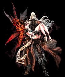 Rule 34 | 1boy, 1girl, bare shoulders, belt, black background, blood, blue eyes, butterfly wings, carrying, coat, flower, gloves, high heels, highres, horns, injury, insect wings, jeffr, legs, long hair, looking at viewer, official art, princess carry, scar, short hair, simple background, trench coat, wings, xaoc online, xoac