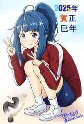 1girl 2025 ahoge artist_logo blue_eyes blue_hair blue_shorts brown_jacket chinese_zodiac diesel-turbo full_body happy_new_year jacket logo make_heroine_ga_oo_sugiru! medium_hair nengajou new_year ponytail shorts snake socks solo squatting twitter_username white_socks yanami_anna year_of_the_snake