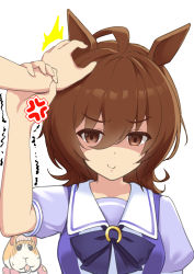 Rule 34 | 1girl, ^^^, agnes tachyon (umamusume), ahoge, anger vein, animal ears, arm up, bow, brown eyes, brown hair, closed mouth, collarbone, commentary request, crossover, hair between eyes, holding another&#039;s wrist, horse ears, long hair, looking at viewer, mocchisake, molcar, potato (pui pui molcar), puffy short sleeves, puffy sleeves, pui pui molcar, purple bow, purple shirt, school uniform, shaded face, shirt, short sleeves, simple background, smile, solo focus, tracen school uniform, trembling, umamusume, upper body, white background