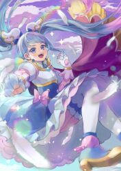 Rule 34 | 1girl, ahoge, blue eyes, blue hair, blue skirt, bow, brooch, cape, clenched hand, commentary, cure sky, detached sleeves, earrings, gloves, highres, hirogaru sky! precure, jewelry, long hair, magical girl, meguru (dagmin), open mouth, pink bow, precure, puffy detached sleeves, puffy sleeves, single earring, single sidelock, skirt, smile, solo, sora harewataru, twintails, two-sided cape, two-sided fabric, wing brooch, wing hair ornament