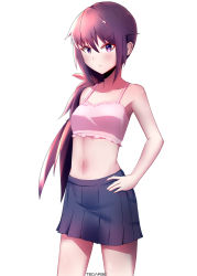 Rule 34 | 10s, 1girl, absurdres, akebono (kancolle), artist name, bikini, collarbone, cowboy shot, flower, frown, gar32, hair flower, hair ornament, hand on own hip, highres, kantai collection, looking at viewer, navel, parted bangs, pleated skirt, ponytail, purple eyes, purple hair, sidelocks, skirt, solo, swimsuit, thighs, white background