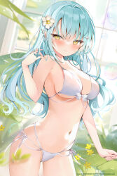 Rule 34 | 1girl, bare arms, bare shoulders, bikini, blue hair, blurry, blurry background, blurry foreground, blush, breasts, bubble, cleavage, closed mouth, comiket 102, commentary request, cowboy shot, earrings, elf, flower, hair between eyes, hair flower, hair ornament, hairclip, hand up, heart, highleg, highleg bikini, jewelry, large breasts, long hair, looking at viewer, multi-strapped bikini, navel, original, plant, pointy ears, pon (ponidrop), side-tie bikini bottom, solo, stomach, swimsuit, white bikini, white flower, window, yellow eyes, yellow flower