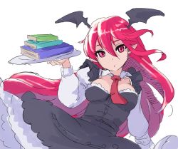 Rule 34 | 1girl, alternate costume, bat wings, bifidus (exkagerou8665), book, book stack, breasts, enmaided, hair between eyes, head wings, highres, holding, holding book, holding tray, koakuma, long hair, looking at viewer, maid, necktie, pointy ears, red hair, red necktie, solo, touhou, tray, wings