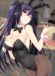 Rule 34 | 1girl, animal ears, bare shoulders, black hair, blush, breasts, champagne bottle, cleavage, fake animal ears, fishnet pantyhose, fishnets, iwashi dorobou -r-, leotard, long hair, looking at viewer, neptune (series), noire (neptunia), one eye closed, pantyhose, playboy bunny, rabbit ears, red eyes, solo, twintails, very long hair, wrist cuffs