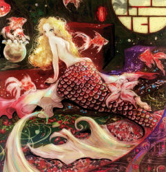 Rule 34 | 1girl, ass, back, blonde hair, completely nude, fins, fish, fish tail, funakura, goldfish, mermaid, monster girl, nude, original, round window, silhouette, solo, tail, window