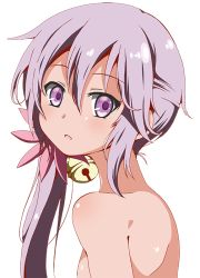 Rule 34 | 10s, 1girl, akebono (kancolle), bad id, bad twitter id, bell, commentary request, flower, from side, hair bell, hair between eyes, hair flower, hair ornament, jingle bell, kantai collection, looking at viewer, nude, open mouth, purple eyes, purple hair, shino (ponjiyuusu), side ponytail, simple background, solo, transparent background, upper body, white background