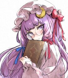 Rule 34 | 1girl, blue ribbon, book, bow, closed mouth, commentary request, crescent, crescent hair ornament, deal360acv, glasses, hair ornament, hair ribbon, hat, highres, holding, holding book, long hair, long sleeves, looking at viewer, mob cap, patchouli knowledge, pink shirt, purple eyes, purple hair, red bow, red ribbon, ribbon, round eyewear, shirt, simple background, solo, touhou, upper body, white background