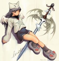 Rule 34 | 1girl, absurdres, angel wings, animal hat, black skirt, disembodied hand, full body, glyvees, hat, highres, no mouth, original, purple hair, shirt, shoes, skirt, socks, solo, star (symbol), star print, sword, weapon, white shirt, white wings, wings