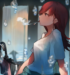 Rule 34 | 1girl, brown eyes, brown hair, cigarette, from side, green skirt, highres, kantai collection, long hair, looking away, official alternate costume, ooi (kancolle), profile, shirt, short sleeves, signature, skirt, smoking, solo, sunday aki, umbrella, water drop, white shirt