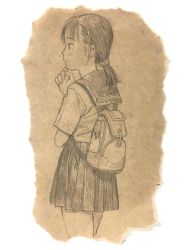 Rule 34 | 1girl, absurdres, backpack, bag, bag charm, charm (object), closed mouth, cowboy shot, from behind, graphite (medium), hand on own chin, highres, long hair, looking away, looking to the side, low ponytail, monochrome, murata range, original, pleated skirt, ponytail, profile, sailor collar, school uniform, serafuku, shirt, short sleeves, skirt, solo, standing, traditional media
