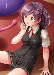 Rule 34 | 1girl, ahoge, black skirt, black vest, blush, brown eyes, buttons, collared shirt, fingernails, hagikaze (kancolle), highres, jewelry, kamelie, kantai collection, long hair, one side up, open mouth, pleated skirt, purple hair, red ribbon, ribbon, ring, shirt, short sleeves, skirt, solo, vest, wedding band, white shirt
