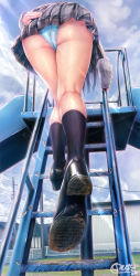Rule 34 | 1girl, ass, cloud, cloudy sky, commentary request, covering privates, covering ass, crotch seam, day, diamond plate, from behind, from below, full body, hot, kneehighs, kneepits, ladder, legs, long hair, long sleeves, original, outdoors, panties, plaid, plaid skirt, playground, railing, shoe soles, shoes, signature, skirt, sky, sleeves past wrists, slide, socks, solo, sweat, sweatdrop, nervous sweating, underwear, unohana pochiko, upskirt, white panties