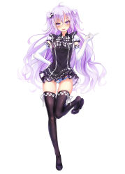 Rule 34 | 1girl, bad id, bad pixiv id, black thighhighs, blush, bra, clothes lift, dk.senie, elbow gloves, full body, gloves, gluteal fold, highres, leg up, long hair, looking at viewer, original, panties, purple eyes, purple hair, shirt, shoe dangle, simple background, skirt, skirt lift, solo, standing, thighhighs, underwear, white background, white gloves