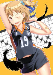 Rule 34 | 10s, 1girl, ;d, armpits, arms up, ball, bandaid, bandaid on arm, bare shoulders, blonde hair, blush, brown eyes, commentary request, copyright name, feathers, female focus, gym shorts, haikyuu!!, hair ornament, holding, holding ball, looking at viewer, navel, one eye closed, open mouth, pairan, playing sports, short hair, shorts, side ponytail, sleeveless, smile, solo, sportswear, star (symbol), star hair ornament, volleyball, volleyball (object), volleyball uniform, yachi hitoka