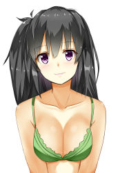 Rule 34 | 1girl, black hair, blush, bra, breasts, cleavage, ffmania7, green bra, highres, isshiki (ffmania7), light smile, long hair, looking at viewer, purple eyes, shiny skin, side ponytail, simple background, smile, solo, underwear