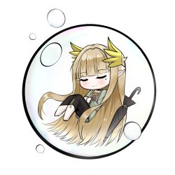 Rule 34 | 1girl, absurdly long hair, arknights, black collar, black pants, blonde hair, blunt bangs, blush, brown shirt, bubble, chibi, closed eyes, closed mouth, collar, elf, green jacket, hair ornament, hashtag-only commentary, highres, jacket, knees up, long hair, long sleeves, mole, mole under eye, muelsyse (arknights), no nose, open clothes, open jacket, own hands together, pants, pointy ears, rei yagami, shirt, soap bubbles, solo, split mouth, strap, umbrella, very long hair, white background
