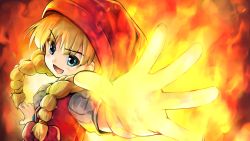Rule 34 | 1girl, blonde hair, blue eyes, braid, dragon quest, dragon quest xi, dress, endou hiroto, fire, hat, highres, long hair, low twintails, magic, open mouth, outstretched hand, red dress, red hat, smile, solo, twin braids, twintails, upper body, veronica (dq11)