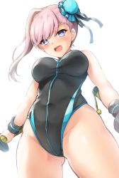 Rule 34 | 1girl, :d, absurdres, backlighting, bare shoulders, black one-piece swimsuit, black ribbon, blue eyes, blush, breasts, breasts apart, bun cover, commentary request, competition swimsuit, cowboy shot, fate/grand order, fate (series), from below, gluteal fold, groin, hair between eyes, hair bun, highleg, highleg swimsuit, highres, holding, long hair, looking at viewer, looking down, medium breasts, miyamoto musashi (fate), miyamoto musashi (swimsuit berserker) (first ascension) (fate), one-piece swimsuit, open mouth, pink hair, ribbon, round teeth, samoore, side bun, sidelocks, simple background, single hair intake, single side bun, smile, solo, standing, swimsuit, teeth, thighs, upper teeth only, v-shaped eyebrows, white background, wristband