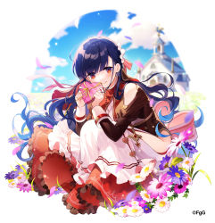 Rule 34 | 1girl, absurdres, artist request, belt bow, blue hair, blue sky, blurry, blurry background, box, box of chocolates, breasts, character request, chocolate, church, closed mouth, clothing cutout, cloud, cross, dress, eyes visible through hair, flower, food, frilled dress, frills, heart, highres, holding, holding chocolate, holding food, jewelry, layered dress, light blush, long hair, long sleeves, looking at viewer, necklace, on floor, petals, phantom of the kill, red eyes, shoulder cutout, sidelocks, sitting, sky, smile, solo, tearing up, thigh cutout, underboob, valentine, white background