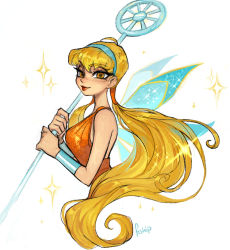 Rule 34 | 1girl, blonde hair, character request, closed mouth, dress, fairy wings, highres, holding, lipstick, long hair, looking at viewer, makeup, matilda fiship, orange dress, orange lips, smile, solo, stella (winx club), twintails, very long hair, wings, winx club, wristband, yellow eyes