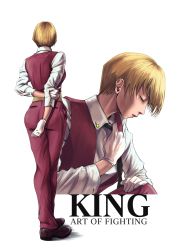 Rule 34 | 1girl, black neckwear, blonde hair, brown footwear, character name, copyright name, earrings, facing away, gloves, highres, jewelry, king (snk), mimiyama kiichi, pants, photo-referenced, profile, ryuuko no ken, short hair, standing, the king of fighters, vest, white background, white gloves