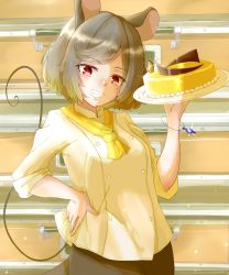 Rule 34 | 1girl, absurdres, alternate costume, animal ears, ascot, bracelet, cake, chef, commentary request, cowboy shot, food, glint, grey hair, grey skirt, grin, gumi (fwjn7284), hand on own hip, head tilt, highres, holding, holding plate, indoors, jewelry, kitchen, long sleeves, looking at viewer, mouse ears, mouse tail, nazrin, pendant, plate, red eyes, short hair, skirt, sleeves rolled up, smile, solo, standing, swept bangs, tail, touhou, yellow ascot