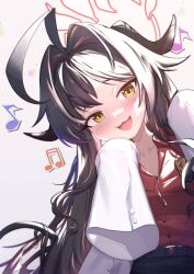 Rule 34 | 1girl, :d, ahoge, beamed sixteenth notes, black hair, black horns, black shorts, black tail, blue archive, buttons, coat, collarbone, commentary, demon horns, eighth note, fang, hair intakes, halo, highres, horns, kasumi (blue archive), lab coat, looking at viewer, musical note, open mouth, red halo, red shirt, shirt, shorts, sleeves past fingers, sleeves past wrists, smile, solo, uneg, white coat, yellow eyes
