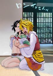 Rule 34 | 2girls, animal print, belt, black hair, blonde hair, blush, grabbing another&#039;s breast, breasts, brown belt, clothes lift, collarbone, commentary request, commission, fangs, grabbing, green eyes, grin, hair ornament, hand on another&#039;s shoulder, hood, hood down, indoors, kagehito, lifted by self, looking at viewer, medium breasts, multicolored hair, multiple girls, murasa minamitsu, navel, no headwear, o-ring, open mouth, pants, sailor collar, sailor shirt, saliva, saliva trail, seiza, sharp teeth, shirt, shirt lift, short hair, short shorts, short sleeves, shorts, shouji, sideways glance, sitting, skeb commission, sliding doors, smile, socks, stomach, streaked hair, tatami, teeth, tiger print, tongue, tongue out, toramaru shou, touhou, white legwear, white pants, white shorts, white sleeves, wide sleeves, yuri