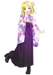 Rule 34 | 1girl, :d, black footwear, blonde hair, blush, boots, braid, cross-laced footwear, crown braid, floral print, full body, hair rings, hakama, hakama skirt, high heel boots, high heels, highres, japanese clothes, kimono, lace-up boots, looking at viewer, love live!, love live! school idol festival, love live! sunshine!!, medium hair, meiji schoolgirl uniform, ohara mari, open mouth, purple hakama, simple background, skirt, smile, solo, standing, standing on one leg, suke (momijigari), teeth, upper teeth only, white background, wide sleeves, yellow eyes