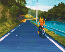 Rule 34 | bicycle, blue sky, bush, commentary, creatures (company), day, doduo, english commentary, fiery tail, fire, flower, game freak, gen 1 pokemon, grass, highres, hood, nintendo, outdoors, pidgey, plant, pokemon, pokemon (creature), ponyta, power lines, riding, riding bicycle, road, shirt, shoes, simone mandl, sky, sneakers, t-shirt, tail, tree, utility pole, water