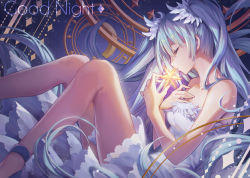 Rule 34 | 1girl, bare legs, bare shoulders, blue footwear, blue hair, breasts, closed eyes, closed mouth, collarbone, crescent, dress, english text, feet out of frame, from side, fur-trimmed dress, fur trim, glowing, hand on own chest, hatsune miku, knees up, last night good night (vocaloid), long hair, ouu min, profile, small breasts, solo, strapless, strapless dress, twintails, very long hair, vocaloid, white dress