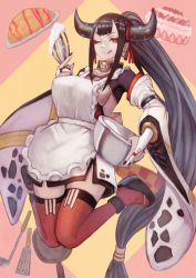 Rule 34 | 1girl, apron, black hair, black nails, blunt bangs, breasts, bridal gauntlets, cake, collar, cow horns, earrings, eyeshadow, food, food on face, hair ribbon, highres, holding up, hoop earrings, horns, janoukyo19, jewelry, jumping, ladle, large breasts, long hair, looking at viewer, makeup, mixing bowl, nail polish, omelet, omurice, one eye closed, platform footwear, re:act, red eyes, ribbon, sideboob, sidelocks, smile, solo, spatula, strawberry shortcake, thighhighs, tongue, tongue out, ushio tia, very long hair, virtual youtuber, whipped cream, whisk, white apron