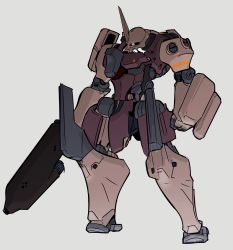 Rule 34 | clenched hand, grey background, gundam, highres, holding, holding sword, holding weapon, horns, looking down, mecha, mobile suit gundam, moi moi7, no humans, one-eyed, robot, single horn, solo, sword, weapon, zaku, zeon