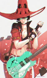 Rule 34 | 1girl, black gloves, black hair, black shorts, breasts, electric guitar, fingerless gloves, gloves, green-tinted eyewear, guilty gear, guilty gear strive, guitar, hat, highres, i-no, instrument, looking at viewer, medium breasts, mole, mole above mouth, partially unbuttoned, red hat, red skirt, rimless eyewear, short hair, shorts, shorts under skirt, signature, skirt, solo, sunglasses, thigh gap, thighhighs, tinted eyewear, tsuna (akmu8832), twitter username, witch hat