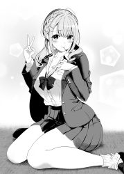 Rule 34 | 1girl, bow, bowtie, braid, breasts, closed mouth, collared shirt, french braid, greyscale, hand on own chest, hands up, highres, jacket, large breasts, loafers, looking at viewer, loose socks, low twintails, masaoka misaki, medium hair, monochrome, open clothes, open jacket, original, pleated skirt, shirt, shirt tucked in, shoes, sitting, skirt, smile, socks, solo, twintails, v, wariza
