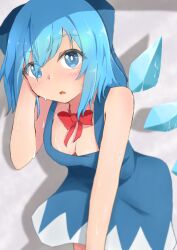 Rule 34 | 1girl, adapted costume, alternate hair length, alternate hairstyle, bare shoulders, blue bow, blue dress, blue eyes, blue hair, blush, bow, bowtie, breasts, cirno, cleavage, cowboy shot, detached wings, downblouse, dress, fang, from above, hair bow, looking at viewer, looking up, medium breasts, medium hair, mizune (winter), no shirt, open mouth, pinafore dress, red bow, red bowtie, shadow, skin fang, sleeveless, sleeveless dress, solo, sweat, touhou, wings