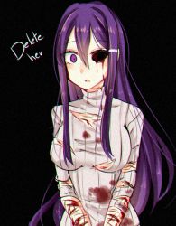 Rule 34 | 1girl, aliceyawnin, bad id, bad pixiv id, black background, blood, blood on clothes, blood on face, breasts, doki doki literature club, english text, hair ornament, hairclip, injury, long hair, looking at viewer, medium breasts, missing eye, one eye closed, purple eyes, purple hair, ribbed sweater, self-harm, simple background, slit wrist, solo, sweater, texture, torn clothes, torn sweater, upper body, very long hair, yuri (doki doki literature club)