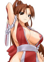 Rule 34 | 1girl, breasts, female focus, japanese clothes, large breasts, nipples, no bra, shiranui mai, simple background, smile, snk, solo, standing, the king of fighters, white background
