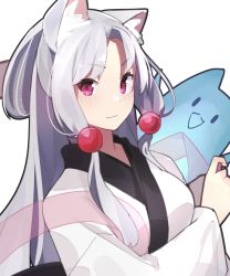 Rule 34 | 1girl, 1other, :3, animal ears, beads, closed mouth, commentary, fox ears, grey hair, hagoromo, hair beads, hair ornament, japanese clothes, kimono, long hair, looking at viewer, mo kiduti, nhk (voiceroid), open mouth, purple eyes, shawl, sidelocks, smile, solid oval eyes, spirit, touhoku itako, upper body, voiceroid, white background, white kimono