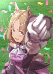 Rule 34 | 1girl, :d, absurdres, animal ears, arm up, blonde hair, blush, bow, bowtie, confetti, dress, from above, grass, highres, horse ears, horse girl, illustoekaki, long sleeves, looking at viewer, looking up, narita top road (umamusume), off-shoulder dress, off shoulder, open mouth, purple dress, purple eyes, short hair, smile, solo, umamusume, upper body, white bow, white bowtie