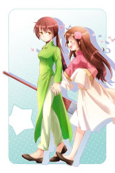 Rule 34 | 2girls, :/, :d, ^ ^, axis powers hetalia, bad id, bad pixiv id, blush, breasts, brown eyes, brown footwear, brown hair, chinese clothes, closed eyes, closed mouth, dress, flower, from side, gradient background, green dress, hair flower, hair ornament, holding hands, long hair, medium breasts, miyanari, multiple girls, musical note, open mouth, petals, ponytail, profile, quaver, running, shoes, sideways mouth, silhouette, sleeves past wrists, smile, star (symbol), sweatdrop, taiwan (hetalia), vietnam (hetalia), vietnamese dress, walking